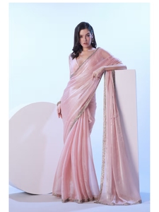 Sari Tradicional de Fiesta para Mujer KV, en Organza Rosa con Adornos de Viscosa y Seda, Sin Arrugas, de Diseño, con Blusa Sin Coser - Product Image 2