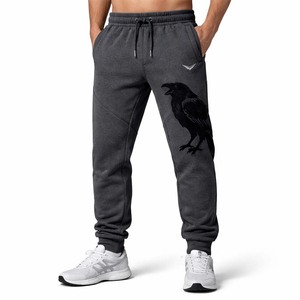 Pantalones Deportivos Gris Oscuro para Hombre, Diseño Gráfico de Cuervos, Mezcla de Algodón, Corte Ajustado, Estilo Casual Urbano, con Bolsillos y Cordón Ajustable - Product Image 1