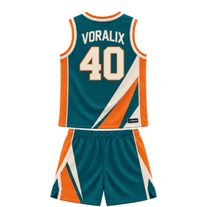 Ensemble d'uniformes de basketball personnalisés pour hommes, vert sarcelle, orange et crème, maillot sans manches à col en V, short, empiècements diagonaux, numéros d'équipe, kits en gros - Product Image 2
