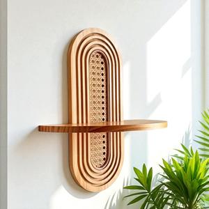 Estante de Pared de Ratán y Madera Estilo Boho Hecho a Mano en Vietnam, Estante Flotante Moderno de Mediados de Siglo, Decoración para el Hogar, Fabricante - Product Image 2