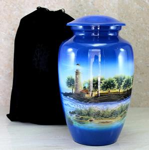 Urne funéraire artisanale en métal avec détails bleus symbolisant l'amour éternel, la paix et les connexions spirituelles - Product Image 3