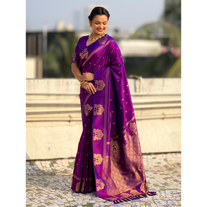 <b>Purple</b> Soft Silk Traditional Zari Woven <b>Saree</b> Elegant Traditional Scarf and Shawl - Product Image 1