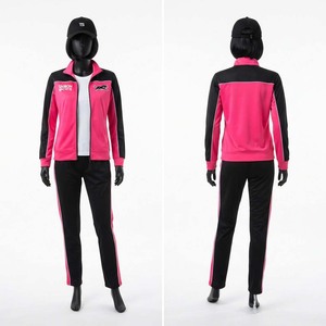 TAISON SPORTS Premium Cheerleading <b>Tracksuit</b> 220 GSM Polyester Tricot <b>Pink</b> Black Panelled Team Uniform Custom Heat Transfer Logo - Product Image 1