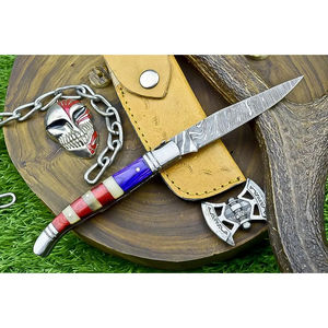 Couteau de poche multifonctionnel Burraq fait main en acier Damas avec étui en cuir, idéal pour un cadeau d'anniversaire ou un cadeau pour témoin de mariage - Product Image 3