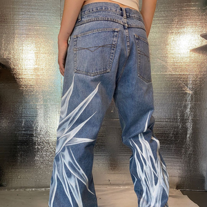 Hand Painted Bleach Stone Wash Denim <b>Jeans</b> Mid <b>Waist</b> Straight Loose Fit Full Length Streetwear Woven Cotton Pants - Product Image 5