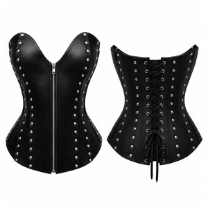 Black PU <b>Leather</b> <b>Corset</b> With Silver Rivets Front Zip Back Lace-Up Design Women Shapewear Firm Control Women <b>Corset</b> - Product Image 1
