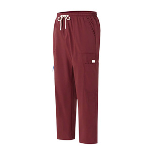 Unisex Burgundy Scrub Pants Hospital Uniform Trousers Cotton Polyester Woven Workwear Bottoms with Drawstring Waist - Product Image 1