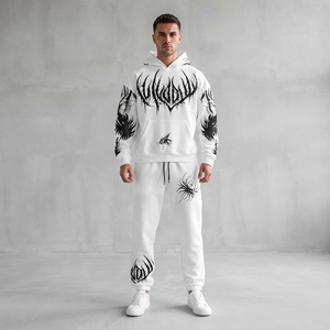 Conjunto de Sudadera con Capucha y Pantalones Deportivos con Estampado Gráfico Gótico Blanco para Hombre, Ropa Deportiva Urbana con Estampado Negro - Product Image 1