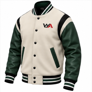 Blouson Bomber Letterman en Gros Direct Usine – Corps Crème Blanc Cassé, Manches en Cuir Vert Forêt, Boutons Pression Noirs – OEM - Product Image 6
