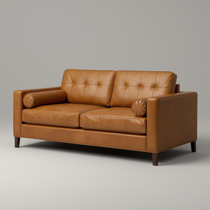 Canapé deux places en cuir véritable avec dossier capitonné et coussin assorti pour un mobilier d'appartement élégant - Product Image 1