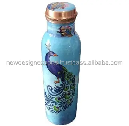 Meena Printed Pure Copper Premium Water Bottle for Home And Office Use and Ayurvedic Health Benefits (1 ltr) Peacock Design Blue