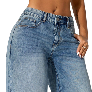 Jean en denim ample taille haute pour femme, coupe décontractée, délavé, en coton respirant, tendance hiver, pour le quotidien - Product Image 3