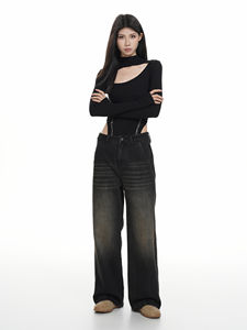 Jean en denim vintage taille haute pour femme, coupe ample, style boyfriend, délavé, jambe large, décontracté, été, color block - Product Image 2