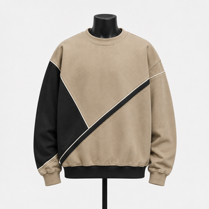 Sudadera Personalizada para Hombre, Color Beige y Negro, Cuello Redondo, Paneles en Contraste, Sudadera de Forro Polar, Estilo Urbano - Product Image 1