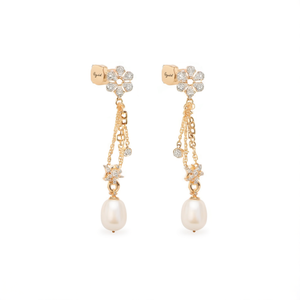 <b>Stud</b> <b>Earrings</b> with Diamond and Pearl Side Ear <b>Chain</b> Gold Plated Brass for Wedding Party Gift - Product Image 2