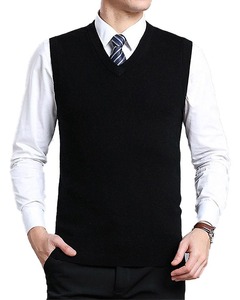 Gilet sans manches en tricot noir pour homme, col en V, couleur unie, vêtement d'automne - Product Image 1
