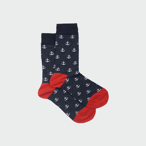<b>Men's</b> Navy Crew <b>Socks</b> With <b>White</b> Anchor Print Red Toe And Heel Knitted Breathable Daily Wear Spring Season Standard Thickness - Product Image 2