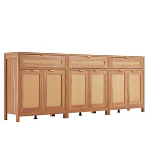 Set di 3 Mobili Contenitori Regolabili in Rattan, Credenza da Soggiorno con 6 Ante Magnetiche e 3 Cassetti, Elegante e Pratico - Product Image 1