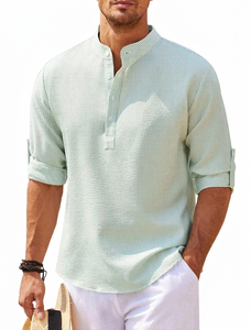 <b>Mens</b> Textured Stripe Mandarin Collar Casual Shirt <b>Roll</b> Up Sleeve Summer <b>Top</b> - Product Image 5
