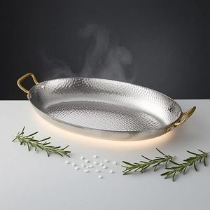Plateau de service ovale en acier inoxydable martelé de qualité supérieure avec poignées en laiton, plat décoratif pour servir les aliments, vaisselle de cuisine - Product Image 2