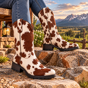 Bottes de cowboy en cuir véritable faites à la main avec motif en cuir de vache |   Bottes Western en cuir de vache |   Bottes western faites à la main - Product Image 6