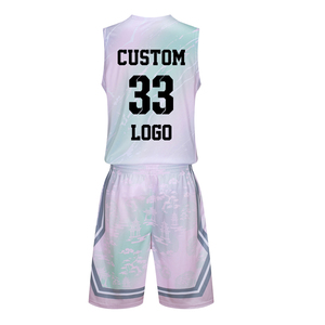 Conjunto de Camiseta sin Mangas y Pantalones Cortos con Cintura Elástica, Absorbente de Humedad, con Estampado Sublimado, Unisex para Adultos, para Baloncesto, Color Azul Marino y Rosa, Cuello en V - Product Image 4