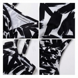 Women's One Piece Swimsuit Black White Plant Print Plunge Neck Ruched High Waist Stretch Swimwear - Product Image 4