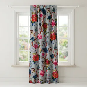 Floral Cotton Velvet Curtain Grey Multicolor Botanical Print Drapes for Living Room Bedroom Window and Elegant Home Decor - Product Image 2