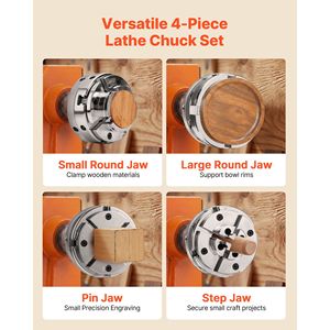 Ensemble de mandrins pneumatiques pour tour à bois de 4 pouces - 4 mâchoires auto-centrantes avec adaptateur de filetage 1'' x 8TPI et 4 mâchoires rondes/étagées/en forme de broche - Product Image 2