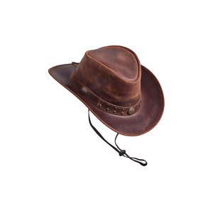 Genuine Leather Cowboy <b>Hat</b> With Studded <b>Band</b> And Chin Strap Brown - Product Image 1