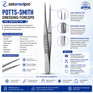 Pinzas de Presión POTTS-SMITH con Puntas Finas Dentadas, Instrumento Quirúrgico ZETOMEDPRO - Product Image 3