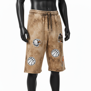 Shorts de hombre de algodón felpa de 280 GSM con lavado ácido, color marrón vintage, con parche de logotipo bordado personalizado, estilo streetwear. - Product Image 4