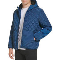 Veste matelassée à capuche pour homme, fermeture éclair, imperméable, coupe-vent, toile matelassée en losanges, bleu uni