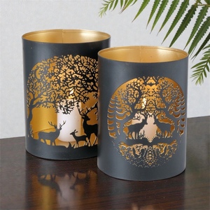 Black Steel Cylinder <b>Candle</b> <b>Lanterns</b> With Golden Deer And Tree Die Cut Design For Christmas Home Decoration - Product Image 4