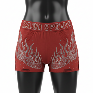 Shorts pour femmes en coton premium et élasthanne, doux et extensibles, avec logo personnalisé par transfert thermique rouge cristal. - Product Image 1
