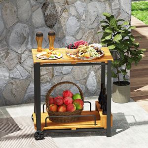 Carrello da Bar a 2 livelli in legno di Acacia con ruote per arrotolare caffè e bevande Set da portata 3 portabottiglie Teak - Product Image 2