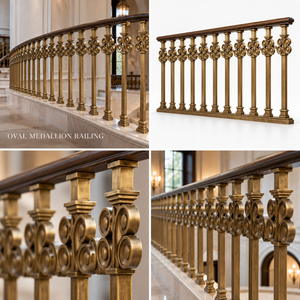 Rampe en bronze vintage avec balustres à médaillons circulaires assortis et poteaux tournés, main courante et balustrade en métal - Product Image 5