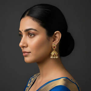 Traditional Brass Jadau Kundan Floral Drop Jhumka Earrings for Wedding and Party - Product Image 2