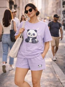 ชุดนอนผ้าฝ้ายสำหรับผู้หญิง เสื้อยืดพิมพ์ลายลาเวนเดอร์และกางเกงขาสั้น ชุดนอนฤดูร้อนเนื้อนุ่มใส่สบาย - Product Image 2