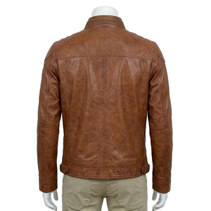 Veste moto en cuir véritable marron pour homme, col montant, fermeture éclair, coupe classique, style automne - Product Image 2