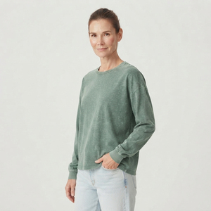 T-shirt décontracté en coton à manches longues et col rond pour femme, coupe ample, couleur unie, respirant, idéal pour l'été, effet délavé - Product Image 5