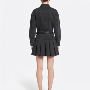 Womens Denim Shirt Dress With Belt <b>Long</b> Sleeve Pleated <b>Skirt</b> Solid Color Casual Stonewashed Autumn Style - Product Image 3
