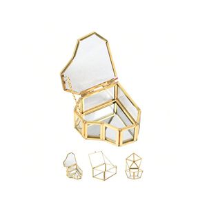 Luxury Gold Brass Glass Jewelry <b>Box</b> Decorative Clear <b>Keepsake</b> Organizer <b>Wedding</b> Gift Octagon Beveled Glass <b>Box</b> with Mirror Base - Product Image 3