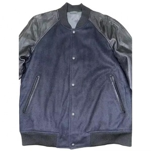 Veste universitaire en cuir noir et laine bleue, style baseball, bomber classique, manches raglan longues, veste universitaire personnalisée en chenille - Product Image 4