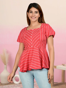 Haut d'été carré en rayonne à rayures imprimées, couleur rouge, décontracté, pour usage quotidien, confortable, élégant, écologique, respirant, pour femme, vente en gros - Product Image 6