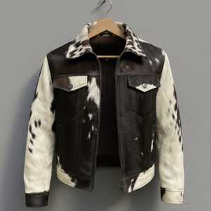 Blouson de motard en cuir véritable pour homme, motif vachette, fermeture éclair, col rabattable, coupe classique, hiver, couleur unie - Product Image 1