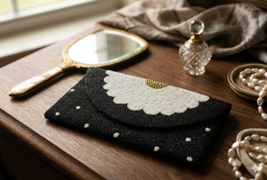 Pochette élégante perlée pour femme, motif pois noir, blanc et or, fermeture à rabat, sac de soirée et de mariage - Product Image 2