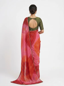 Elegante Saree Indio de Georgette con Estampado Bandhani |   Sari Rojo Rosado Estampado para Mujer, Diseño con Borde Estilo Bollywood para Bodas y Fiestas - Product Image 2