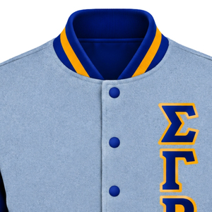 Womens Light <b>Grey</b> Varsity Bomber <b>Jacket</b> Blue Sleeves Greek Letter Embroidery Gold Trim Snap Button Ribbed Collar Cuffs Casual - Product Image 2