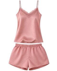 Blush Pink Satin Camisole Shorts Set Women Sleepwear <b>Lace</b> Trim Spaghetti Strap Breathable Summer Nightwear Pajama Set Lounge - Product Image 1